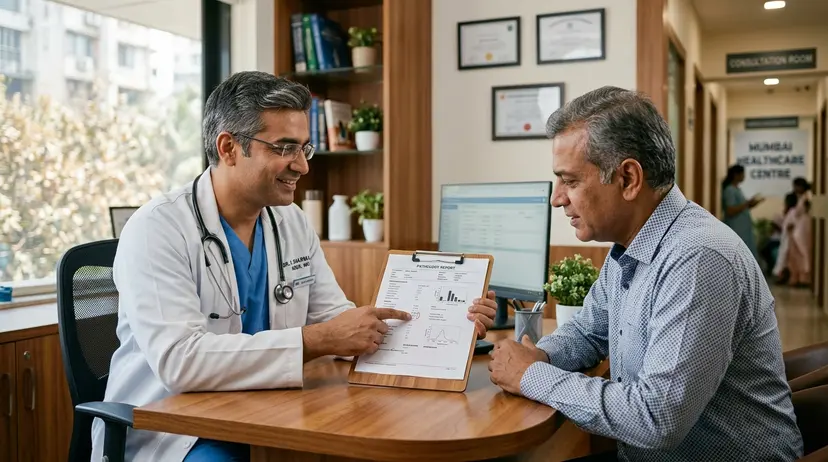 Doctor and patient reviewing a report together